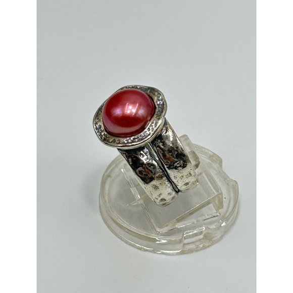 Didae Israel Sterling Silver Dyed Red Pearl Ring Size 5 925 Hammered Design - Picture 10 of 11